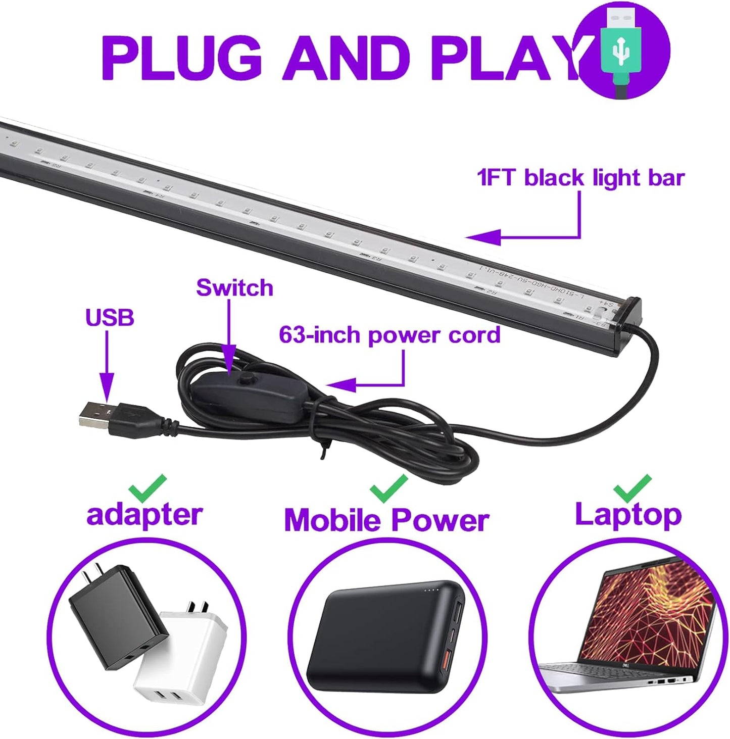 Black Light Bar 10W 1ft LED Blacklight for Fluorescent Tapestry Poster Body Paint Glow Party UV Strip Lights for Cabinet and Display Magnetic (2 Pack)